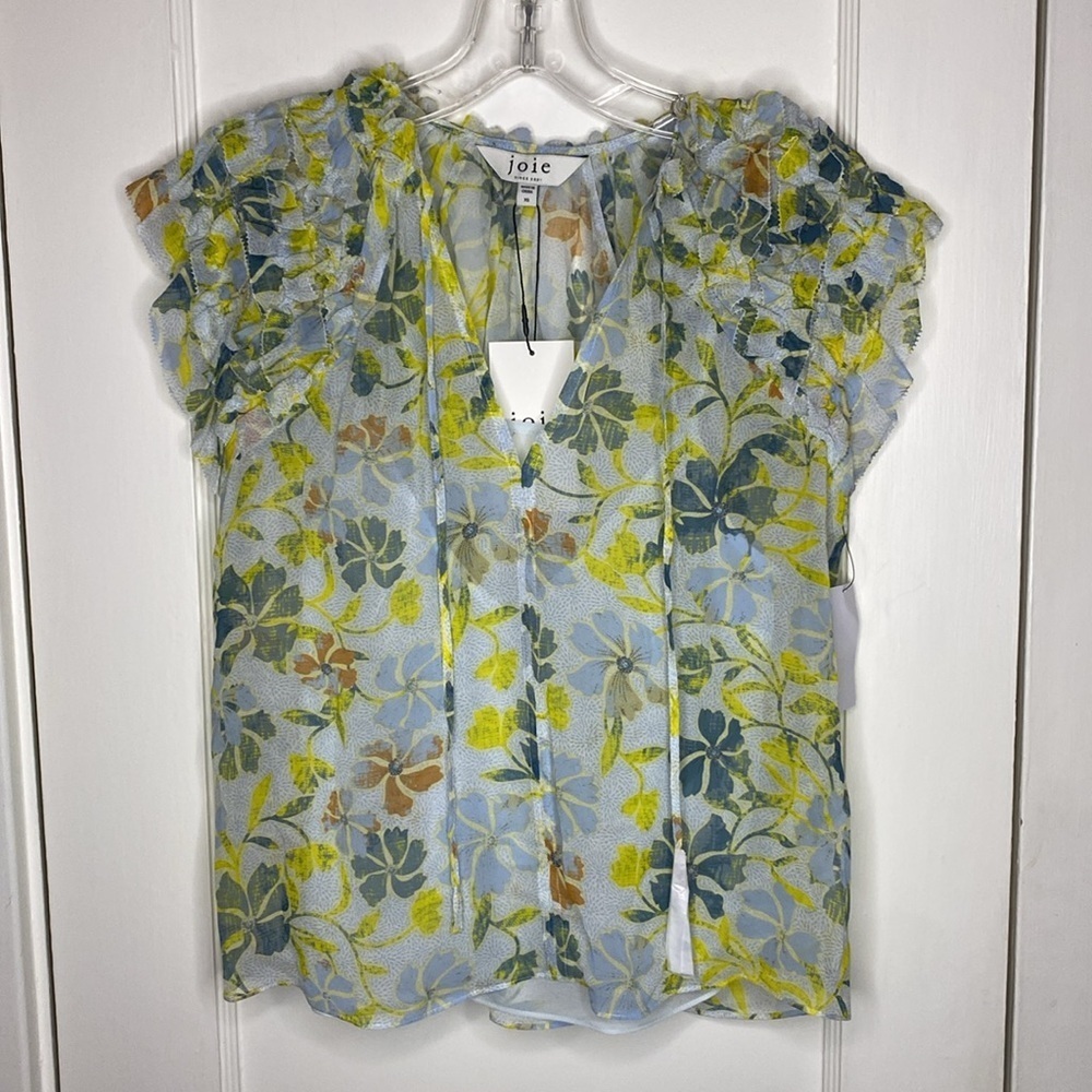 Joie Silk Smocked Sheer Floral Cap Short Sleeve Blouse with front tie. NWT